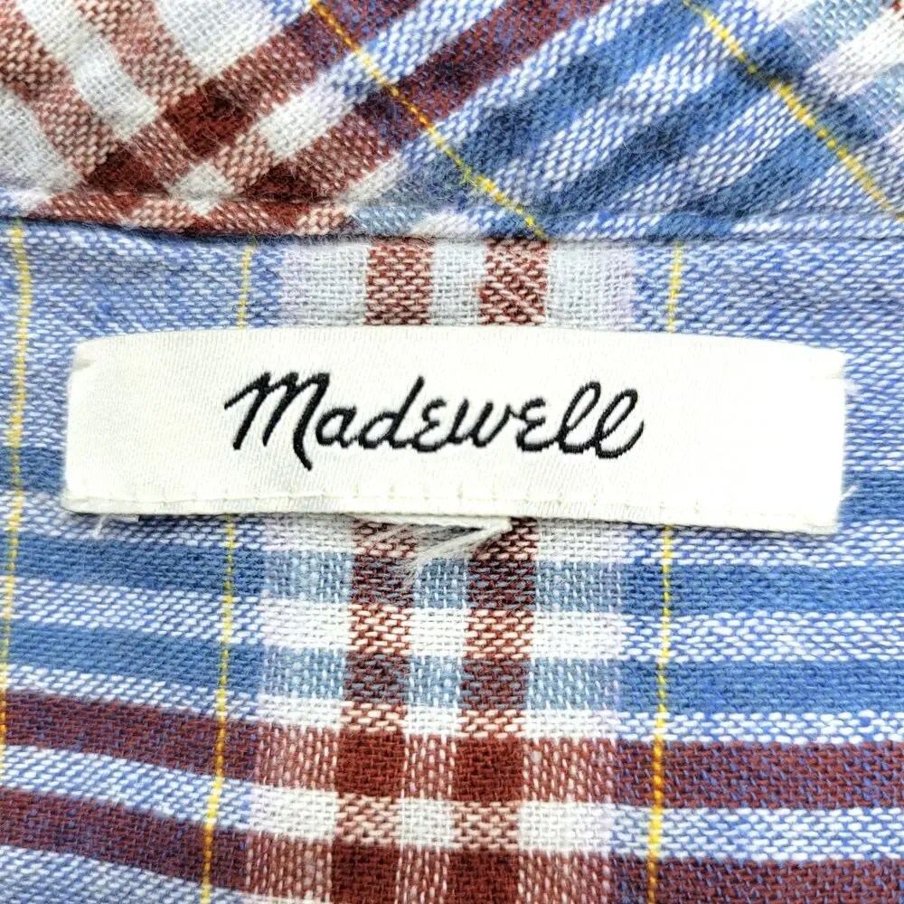 Madewell Popover Blouse Top Blue Plaid Puff Sleeve Swing Pleated Cotton Linen